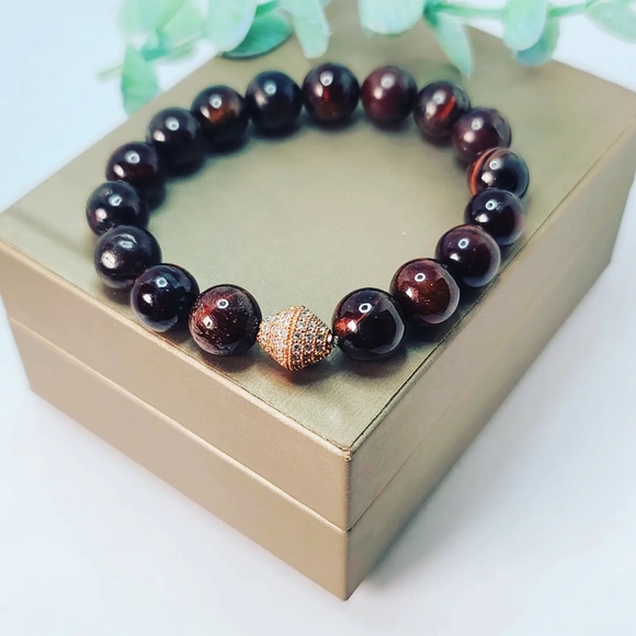 Red Tiger Eye Zirconia charm bracelet 10 mm - Picture 5 of 5